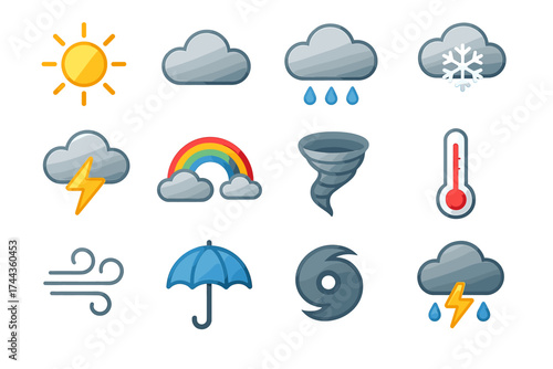 Weather icons set: sun, clouds, rain, snow, storms, rainbow, tornado, temperature