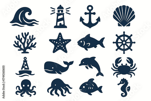 Nautical icons set: marine life, symbols, and sea creatures in simple silhouette style