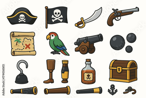 Pirate adventure icons: map, sword, parrot, chest, anchor, cannon, spyglass, skull flag, treasure hunt