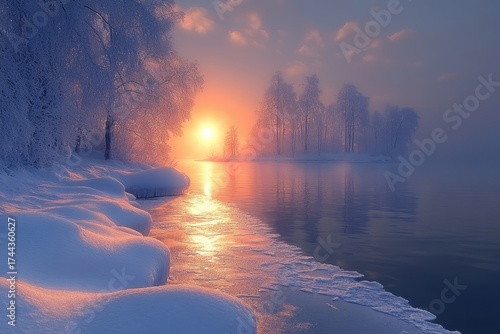 Sunrise over a serene winter lake.