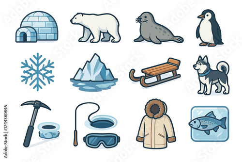 Arctic icons: polar bear, igloo, penguin, husky, and more winter symbols