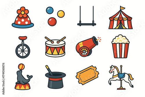 Colorful circus accessories with hat, drum, cannon, and carousel horse
