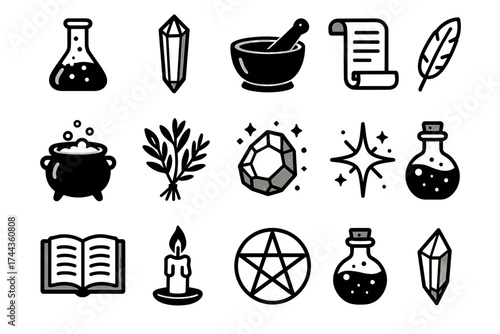 Alchemy icons: potions, crystals, herb, cauldron, scrolls, quill, candle, pentagram, mortar