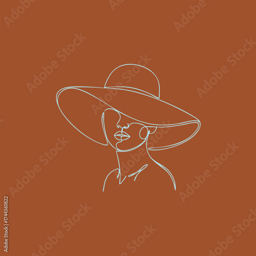 Minimalist Line Drawing of a Woman Wearing a Wide-Brimmed Hat with a Brown