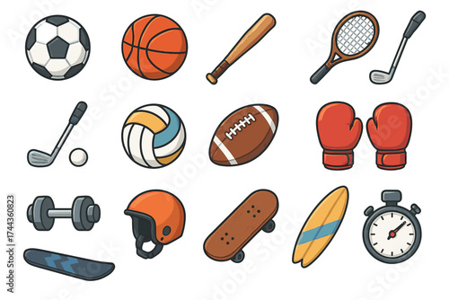 Diverse collection of sports equipment icons: soccer, basketball, baseball, tennis, golf, volleyball