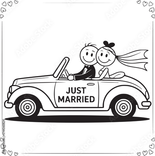 Just Married: A charming illustration of a newlywed couple joyfully riding in a classic car, celebrating the start of their married life.