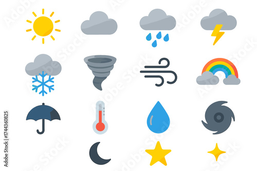 Weather icons set: sun, clouds, rain, snow, rainbow, tornado, wind, umbrella, thermometer, moon, star