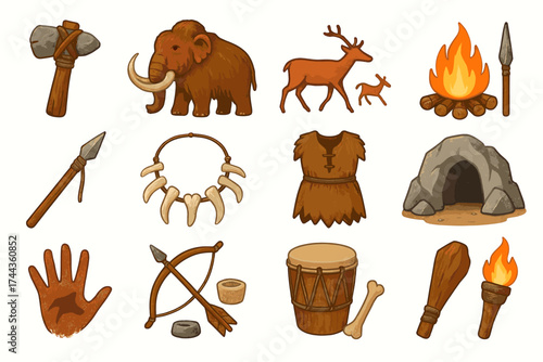 Prehistoric tools and symbols: mammoth, fire, weapons, cave paintings, drum