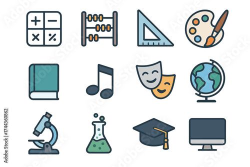 Set of education icons including math, art, music, and science elements