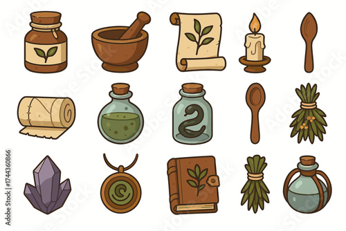 Herbal magic symbols: potions, herbs, and mystical tools