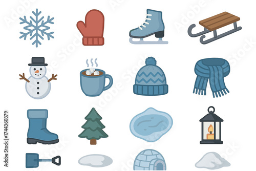 Winter icons: snowflake, mittens, skates, sled, snowman, hot cocoa, hat, scarf, boot, tree, ice, lantern, shovel, igloo