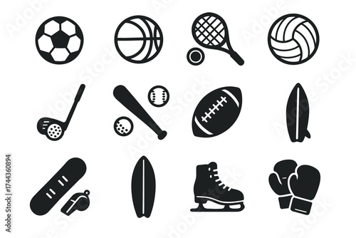 Set of black sport icons featuring balls, equipment, and gear