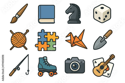 Collection of hobby and leisure icons: chess, music, art, crafts, and more