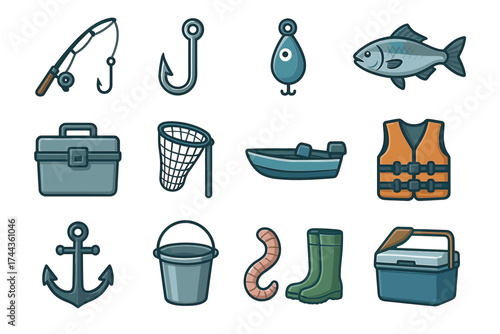Fishing equipment icons: rod, hook, boat, fish, anchor, life vest, net, gear, bucket