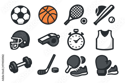 Collection of diverse sports equipment icons including balls, helmets, and gear