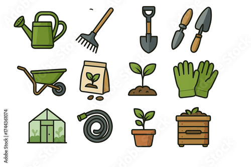 Colorful gardening tools and plants collection for horticulture enthusiasts