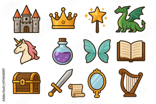 Colorful fantasy icons set featuring castle, crown, and magical creatures