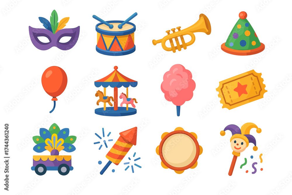 Fototapeta premium Colorful carnival icons: mask, drum, trumpet, carousel, candy, and more fun elements
