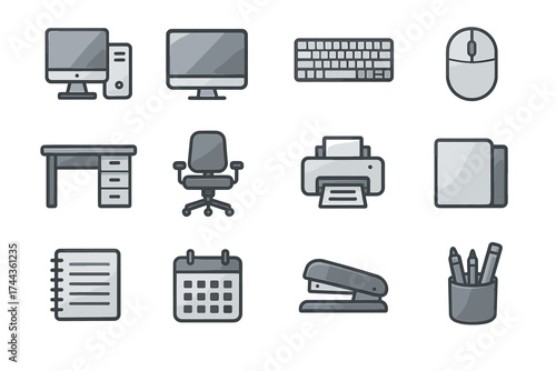 Set of office equipment and supplies icons including computer, desk, and stationery