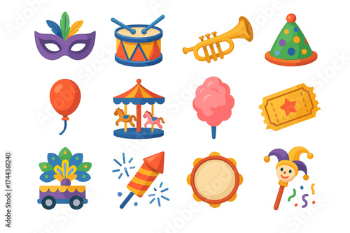 Colorful carnival icons: mask, drum, trumpet, carousel, candy, and more fun elements
