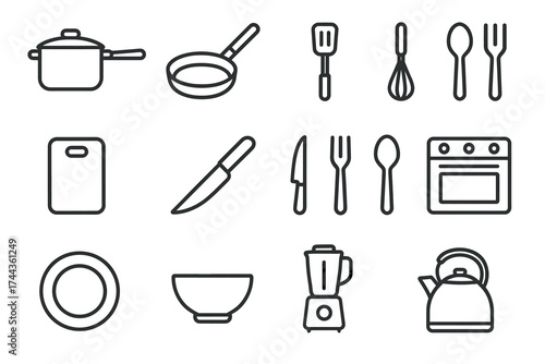 Minimalist kitchen utensil icons featuring pot pan blender kettle knives