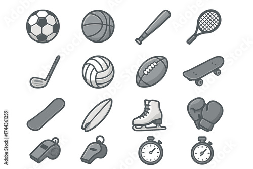 Collection of sports equipment icons: balls, bats, rackets, and more