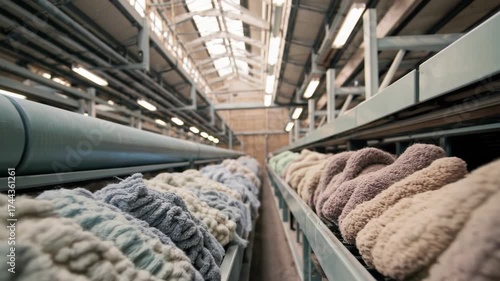 Eco recycling facility processing discarded textiles into new fiber bundles for sustainable fabric production