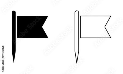Vector of pin flag icons symbolizing location marker, notification, map and important designation in outline and solid black logo