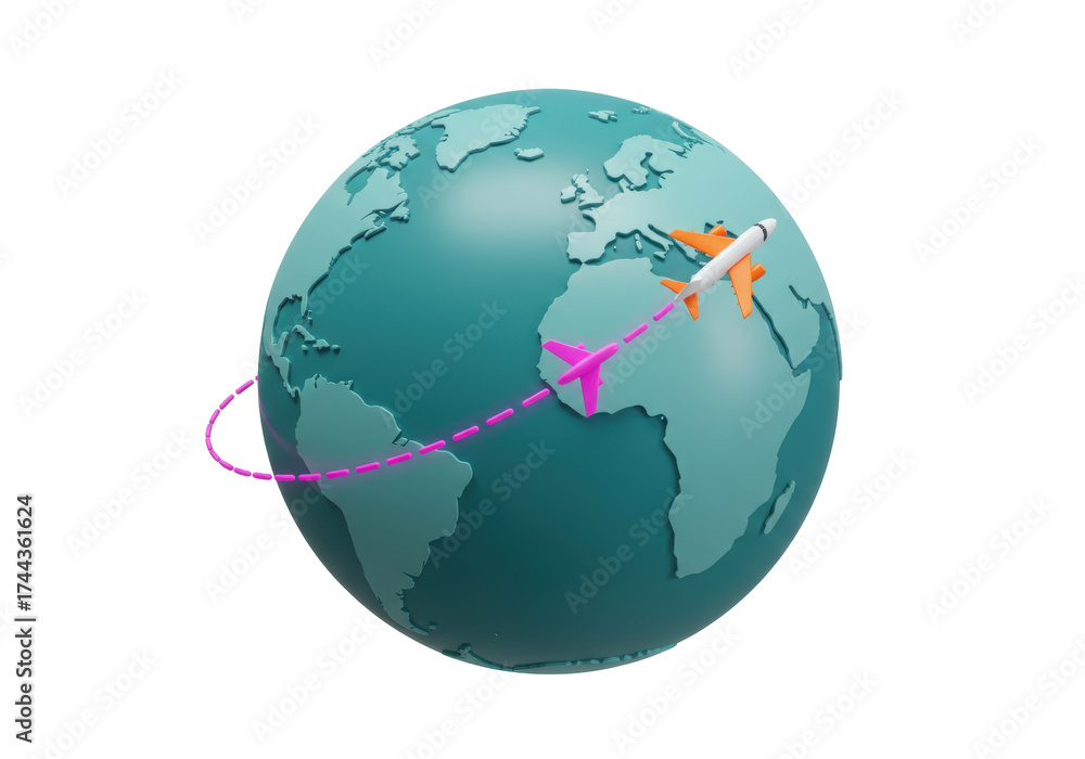 Fototapeta premium World globe with airplane flying isolated on transparent background, travel route concept in 3D rendering PNG