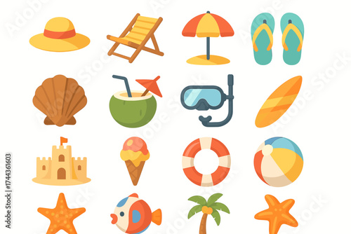 Collection of colorful summer vacation icons featuring beach and ocean elements