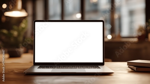 A laptop computer is open to a blank screen