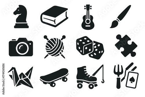 Collection of hobby icons: chess, book, guitar, brush, camera, yarn, dice, puzzle, origami, skateboard, roller skates, fishing, gardening, cards