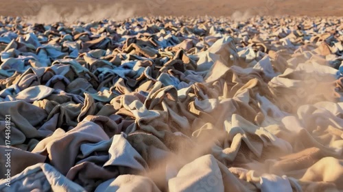 Desert landfill covered with piles of faded discarded clothing and swirling dust clouds under dry sunlight