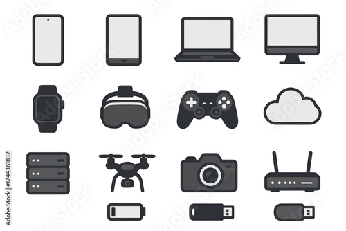Set of modern technology icons: smartphone, laptop, vr, drone, camera, router, gaming