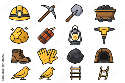 Mining tools and equipment icons: helmet, pickaxe, shovel, coal, lantern, drill