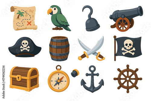 Colorful pirate icons set featuring parrot, treasure map, and cannon
