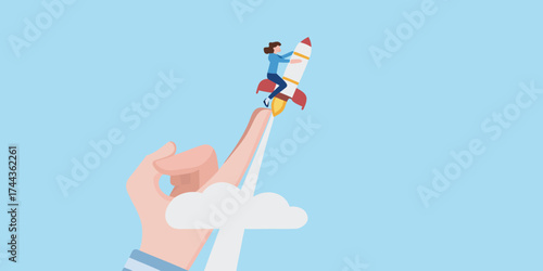 Woman riding a rocket launched from a finger into the sky representing startup success and ambition