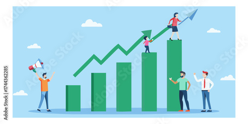 Diverse team celebrating business growth and financial success with upward trending graph and arrow
