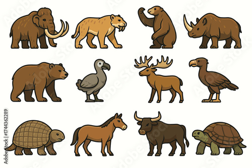 Cartoon illustration of extinct and extant animals in various poses
