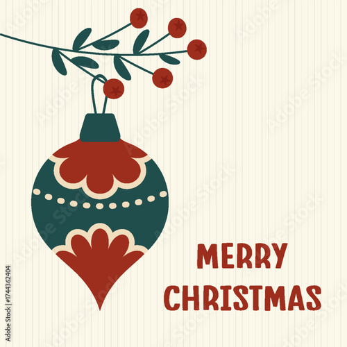 Square Christmas card with vintage ornament hanging on pine branch with red berries on beige background, elegant retro holiday design with Merry Christmas typography, classic winter greeting template.