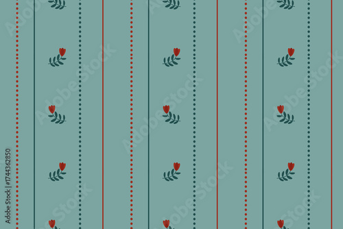 73patterSeamless vector pattern with dotted lines and simple flower branches in soft muted colors — minimal botanical retro digital design Gray background for fabric, wallpaper, wrapping paper project