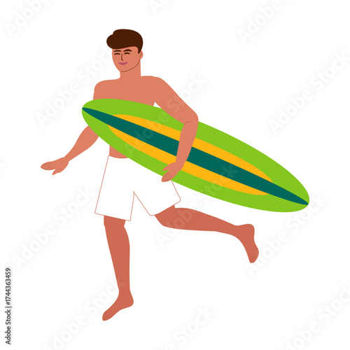 Young tanned man running with surfboard - vector color flat isolated illustration for banners, postcards, posters, flyers