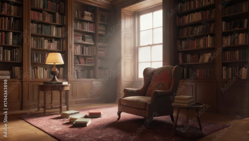 Fototapeta premium Warm library with bookshelves, armchair, books, and a table lamp. Sunlight streams in