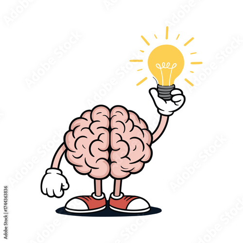 Cartoon Brain Character Holding Up a Lightbulb with an Idea  vector illustration.