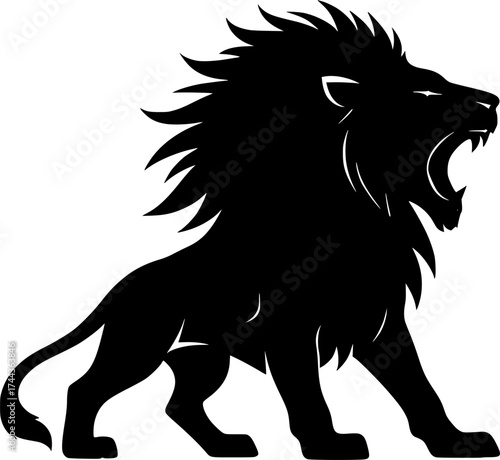Black lion roaring with mane spread silhouette