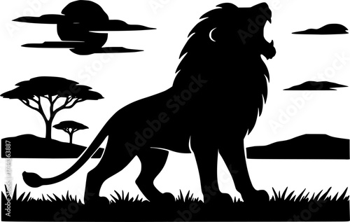 Black silhouette of lion howling in savanna