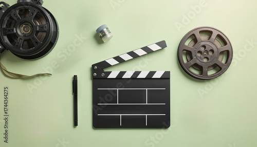 A vintage film clapperboard is positioned in the center, surrounded by old film reels and a pen on a soft green surface, reflecting the art of filmmaking