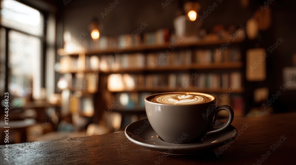 Fototapeta premium A coffee cup with a white heart on it sits on a saucer