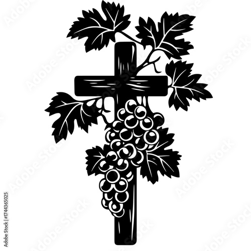 Cross with grapevine silhouette — Christian communion vine symbol vector illustration