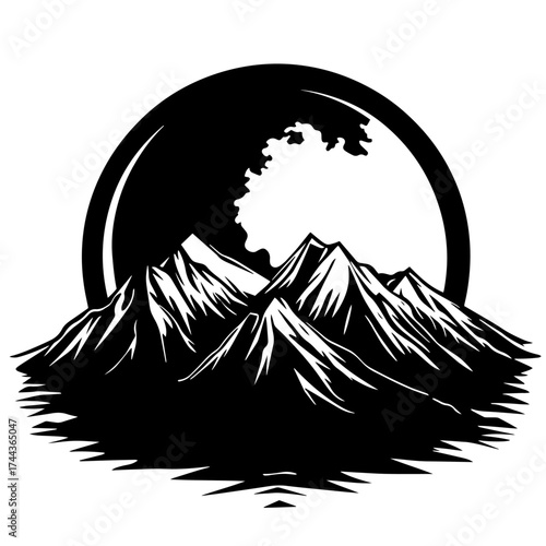 Mountain landscape silhouette inside circle — snowy peaks under moon vector illustration